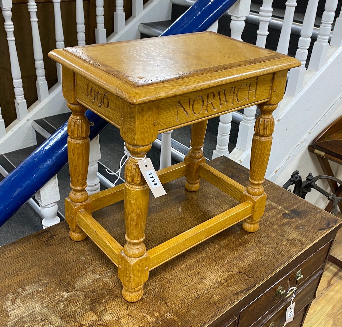 A 1996 Norwich Cathedral commemorative oak joint stool, width 43cm, depth 28cm, height 46cm